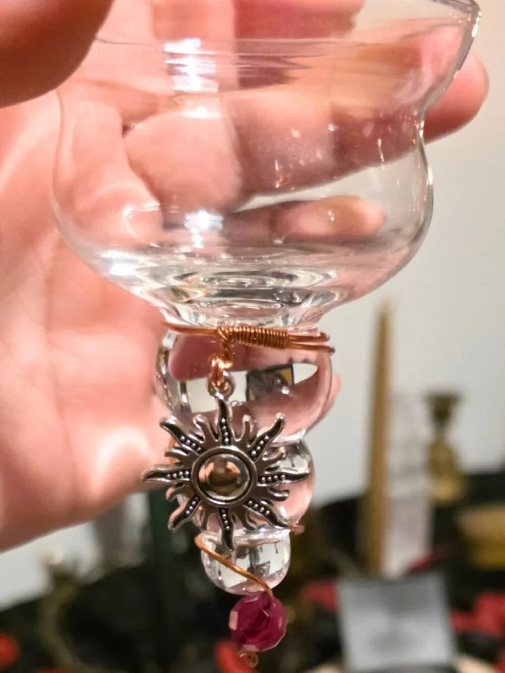 Gothic Celestial Candle Holder | Labradorite Moon, Sun Charms, Wrapped Copper